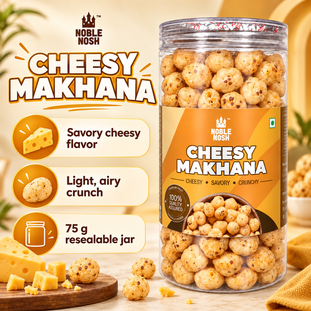 Noble Nosh Cheesy Makhana 75 g — flavor and product infographic