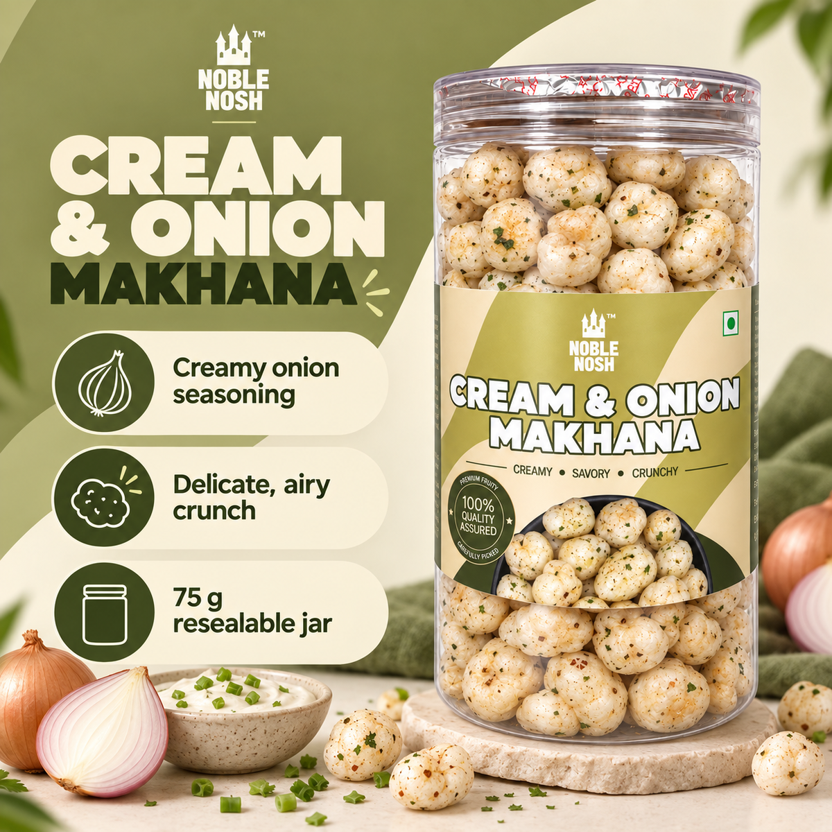 Noble Nosh Cream & Onion Makhana 75 g — flavor and product infographic