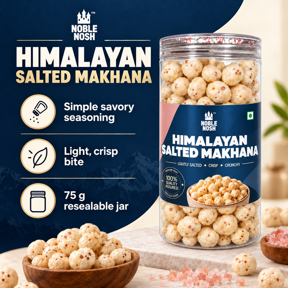 Noble Nosh Himalayan Salted Makhana 75 g — flavor and product infographic