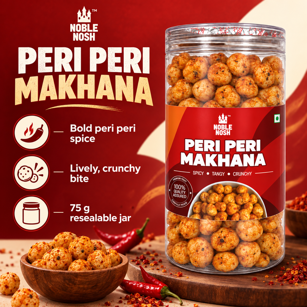 Noble Nosh Peri Peri Makhana 75 g — flavor and product infographic