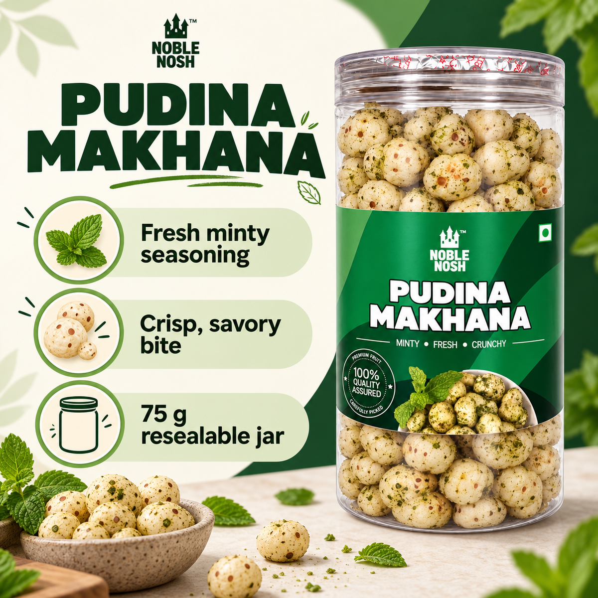 Noble Nosh Pudina Makhana 75 g — flavor and product infographic